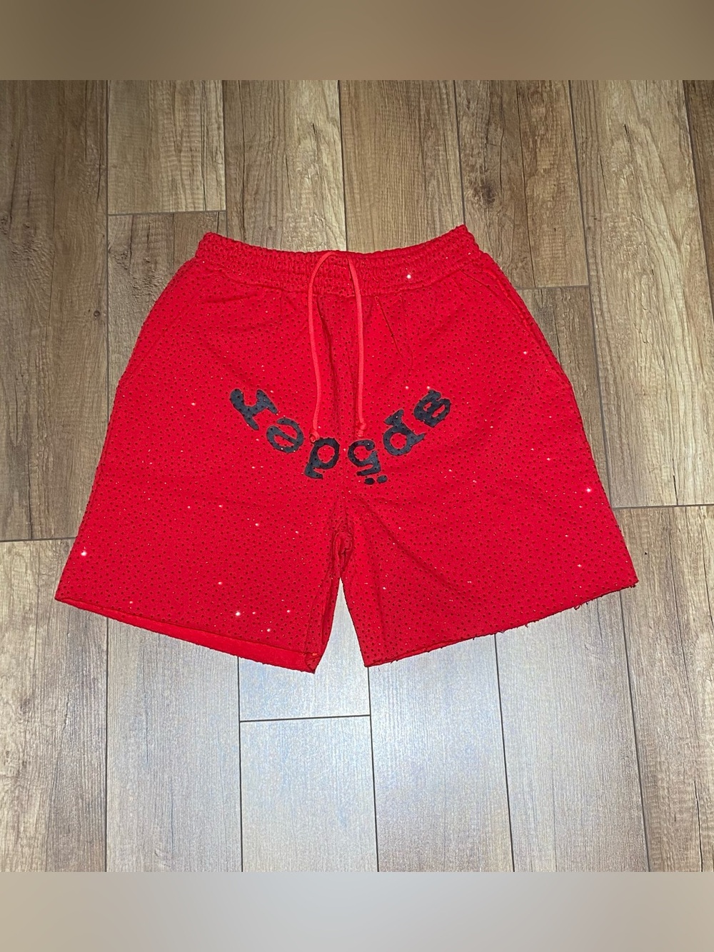 Sp5der Red VVS Rhinestone Shorts with Black Logo Brand New Mens Size S